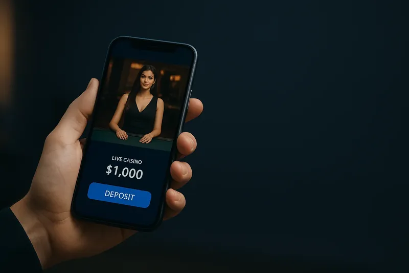 Hand holding smartphone showing dark casino app with live dealer preview