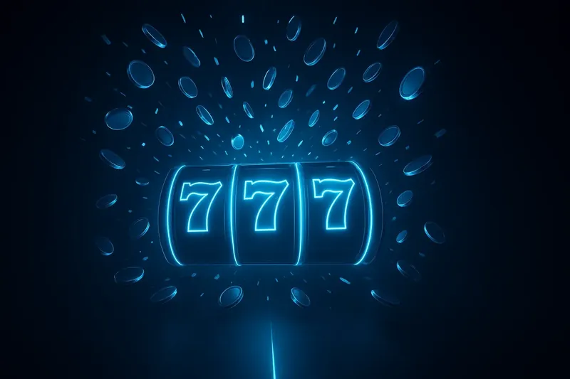 Glowing slot reels with massive win, coins and confetti bursting outward