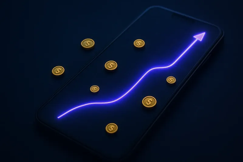 Mobile crash game interface with glowing curve graph and scattered coins