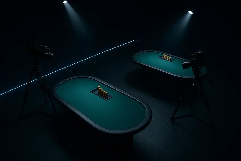 Overhead live casino studio with dealer tables, cameras, green felt