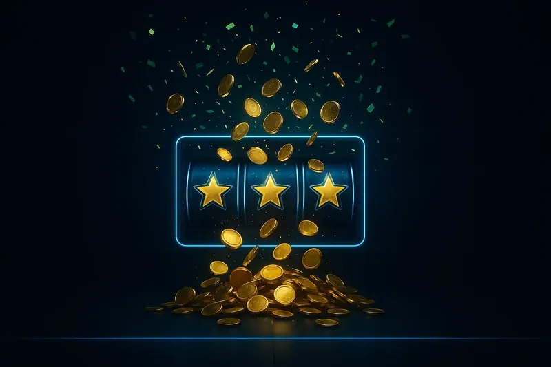 Golden coins rain over winning slot screen with stars and confetti